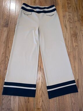 New York & Company Cream Wide-Leg Pants with Navy Trim